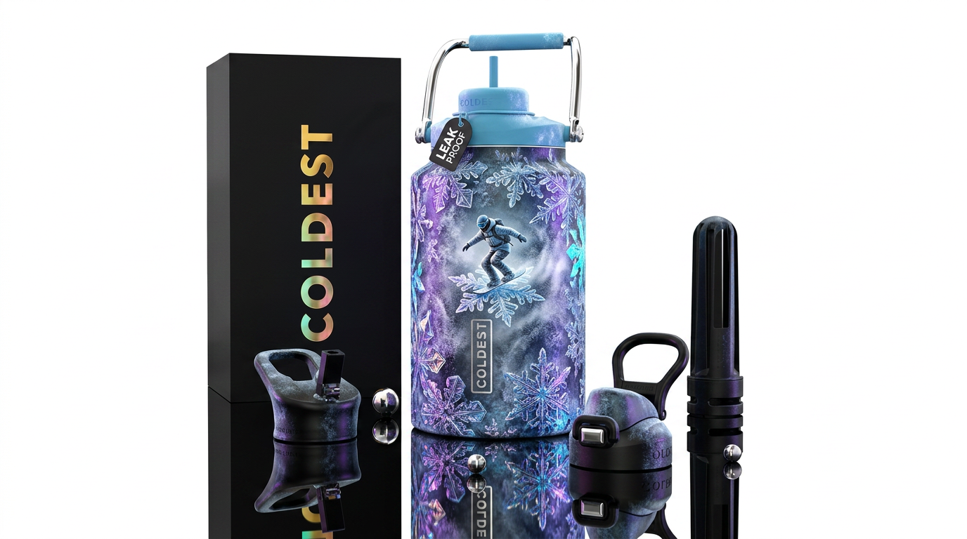Standing on a snowflake while it’s gliding down th... water bottle design