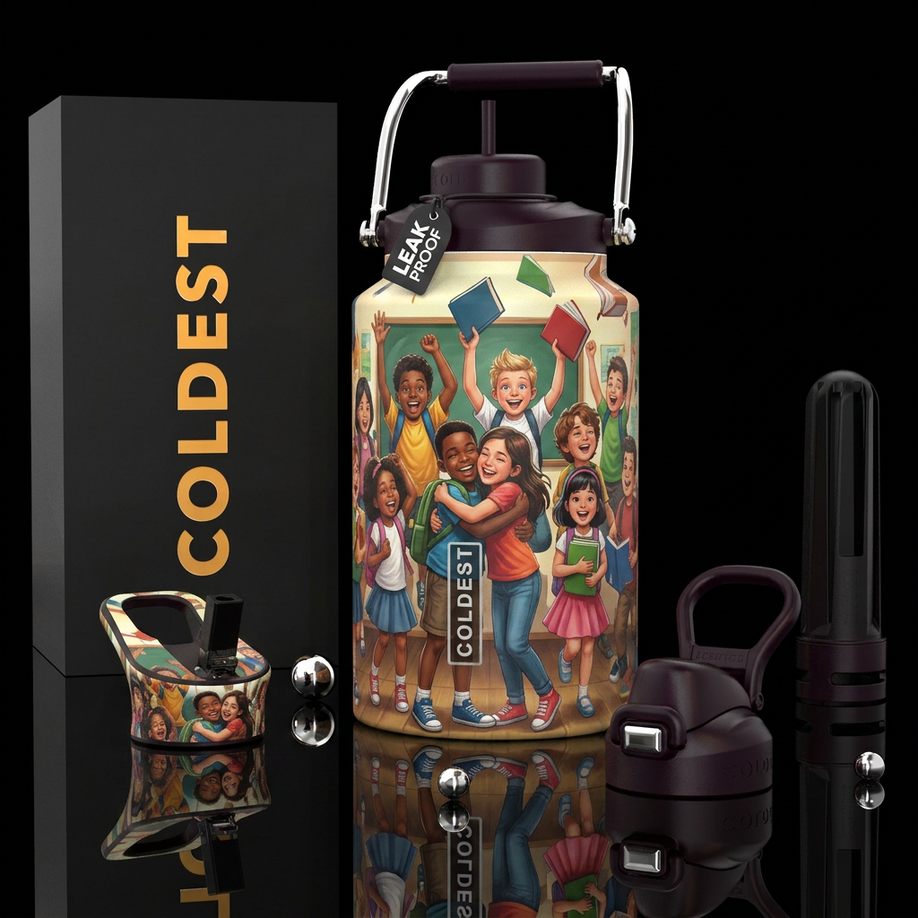 Kids celebrating the last day of school, photoreal... water bottle design