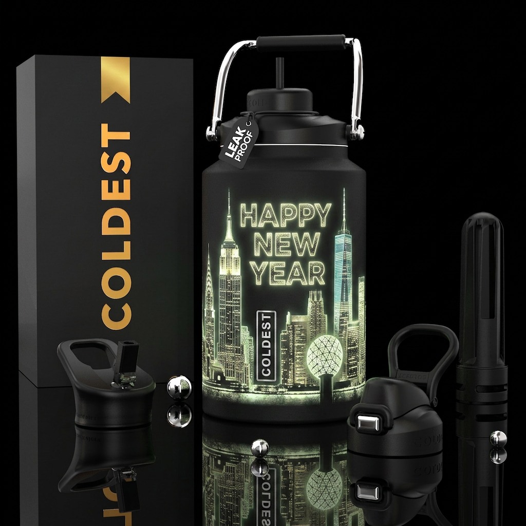 Happy New Year In New York Glow in the Dark, photo... water bottle design