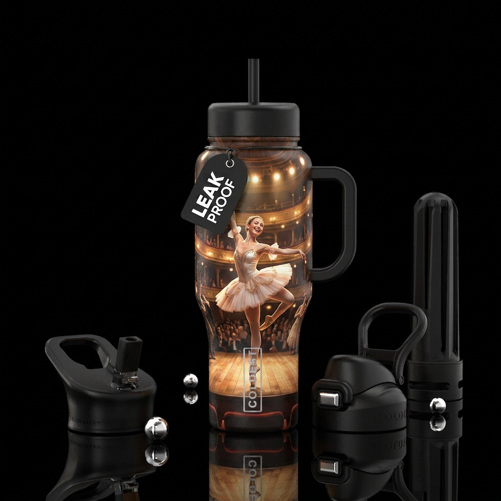 Ballerina, stage, having fun, photorealistic, deta... water bottle design