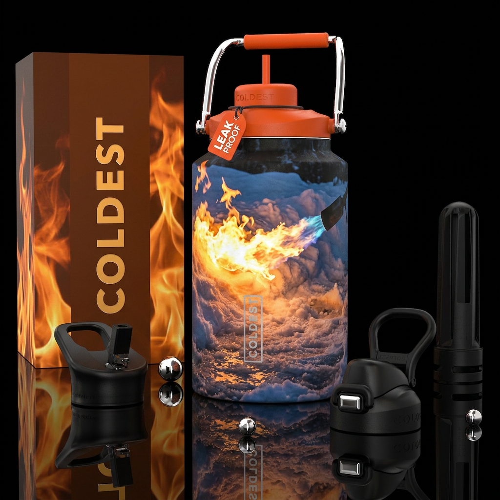 Flame thrower melting snow, photorealistic, detail... water bottle design