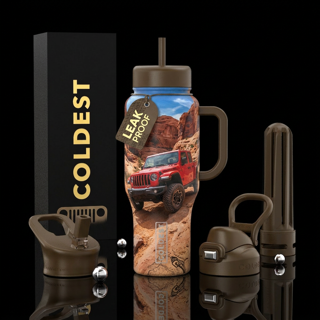 Jeep off roading, photorealistic, detailed, lifeli... water bottle design