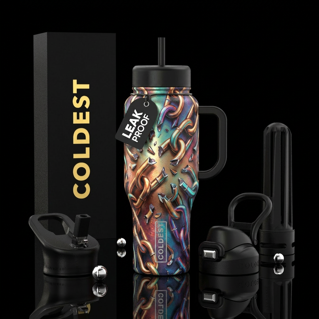 The chains are broken, photorealistic, detailed, l... water bottle design