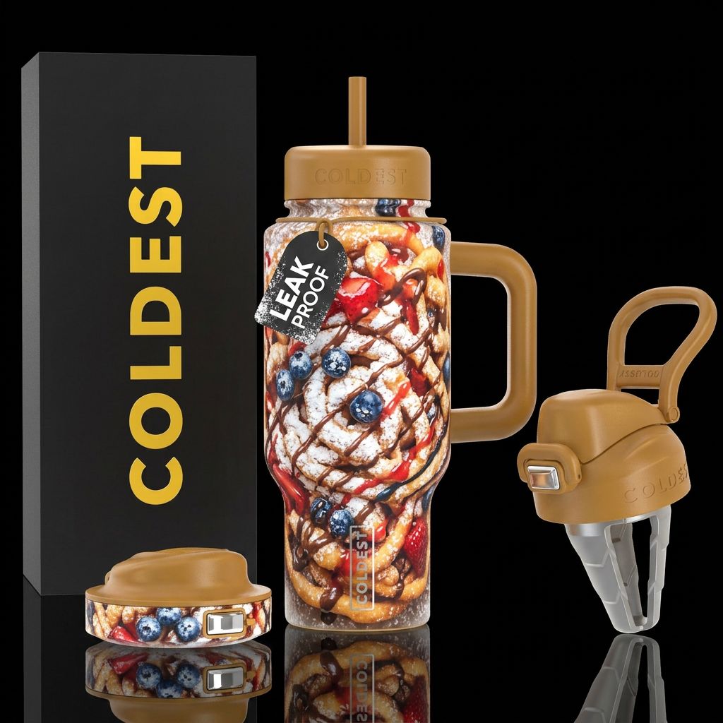 Funnel Cakes, photorealistic, detailed, lifelike water bottle design