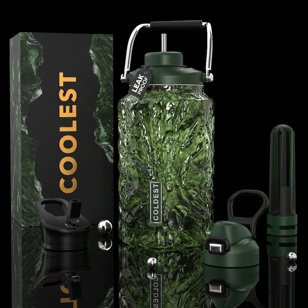 Moldavite crystal, photorealistic, detailed, lifel... water bottle design