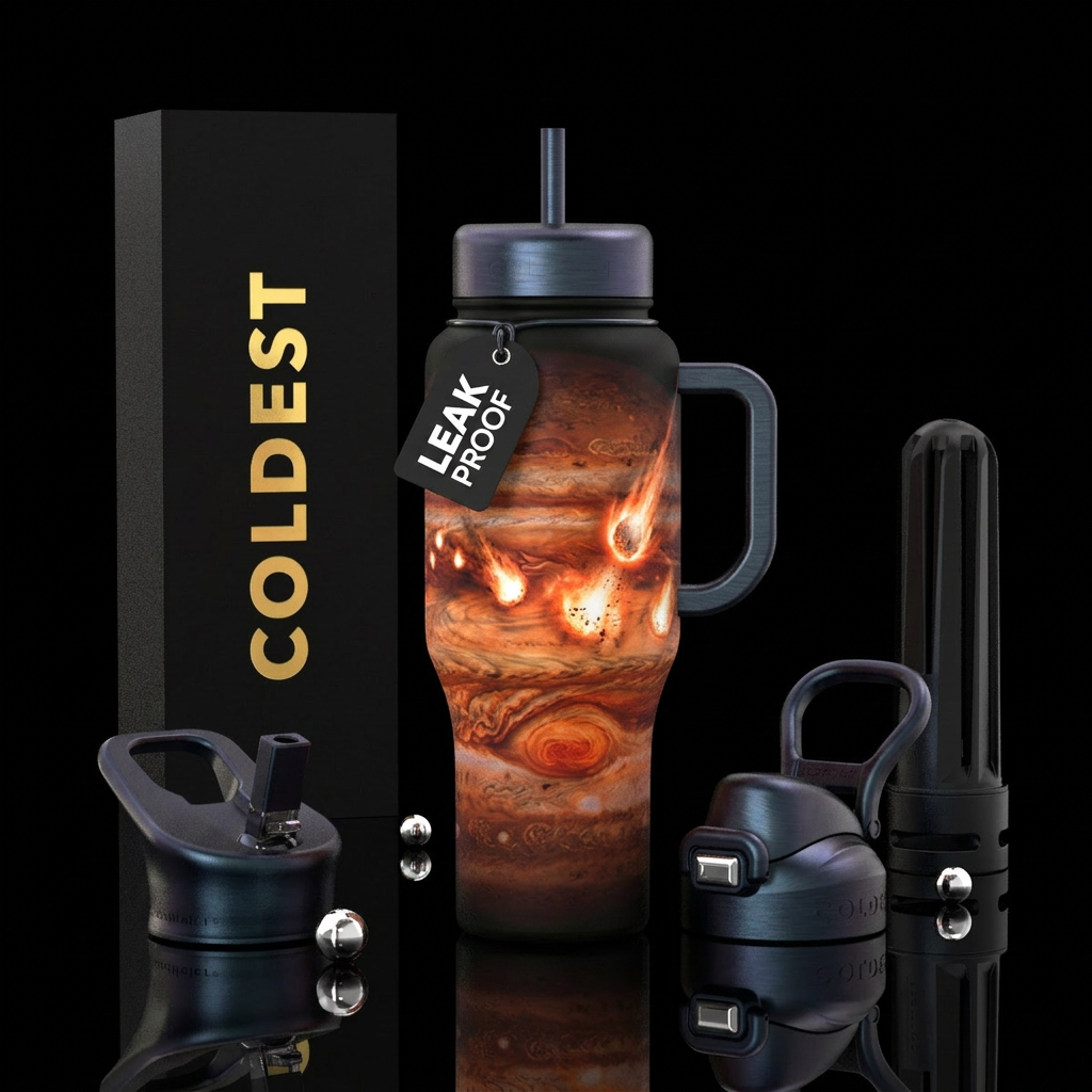 Comet Shoemaker Crashing into Jupiter, photorealis... water bottle design