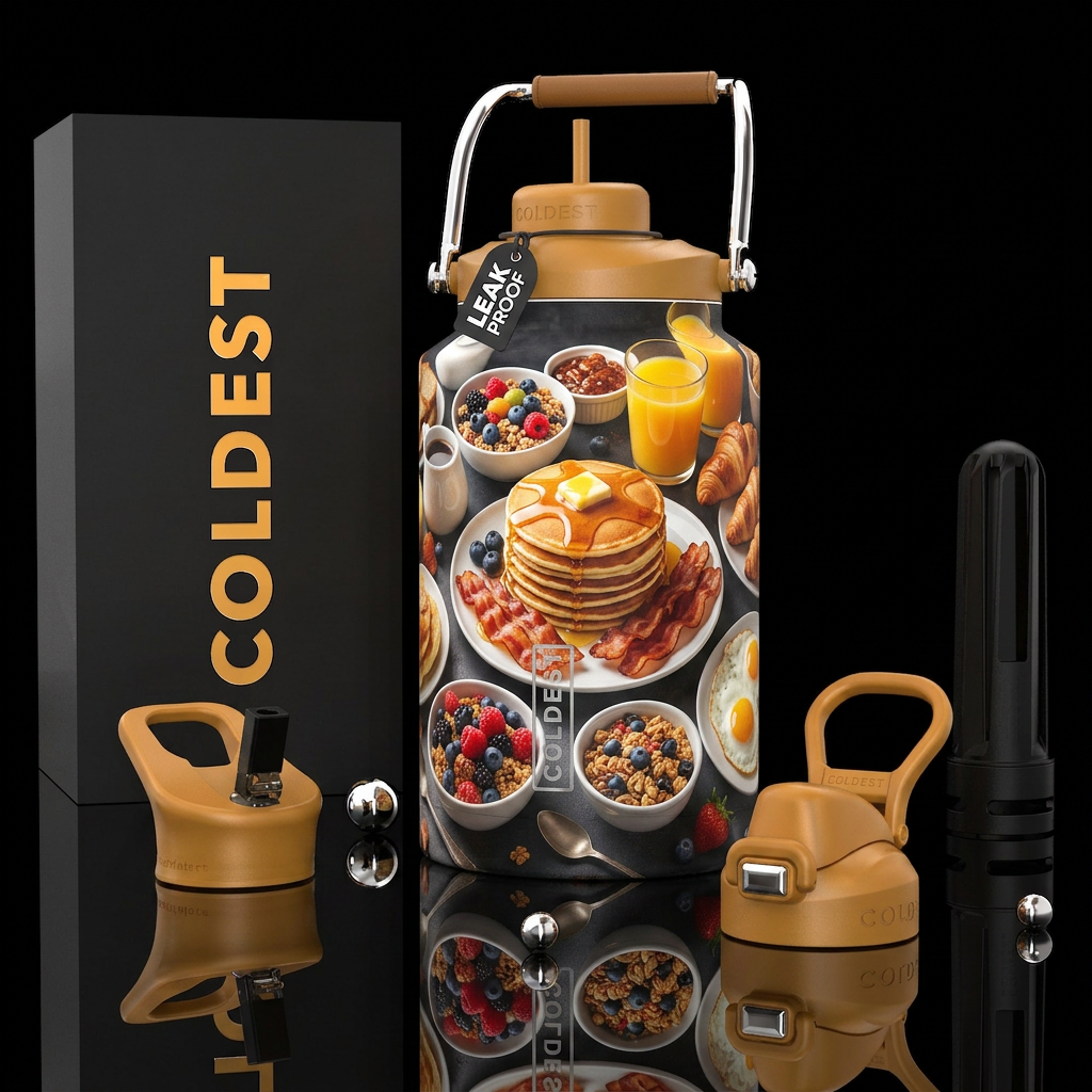 Breakfast time, photorealistic, detailed, lifelike water bottle design