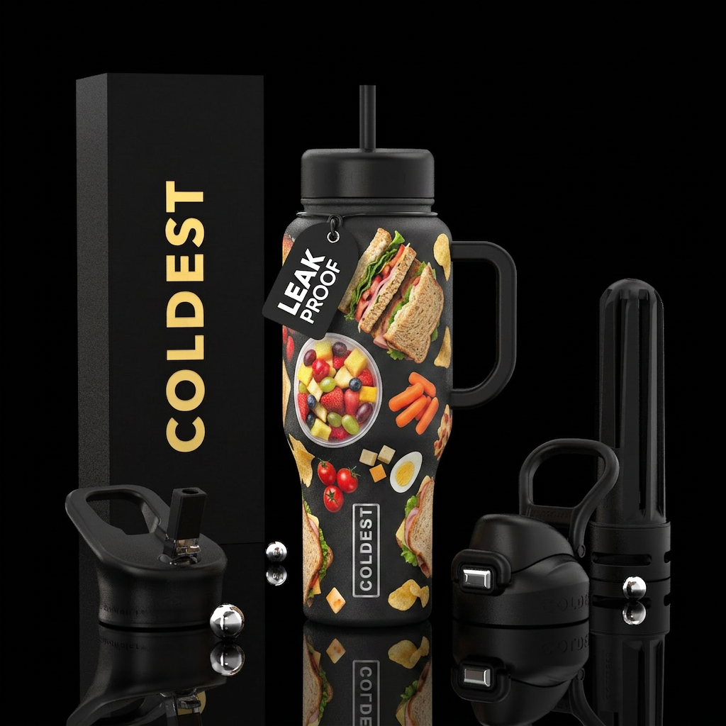 Lunchtime, photorealistic, detailed, lifelike water bottle design