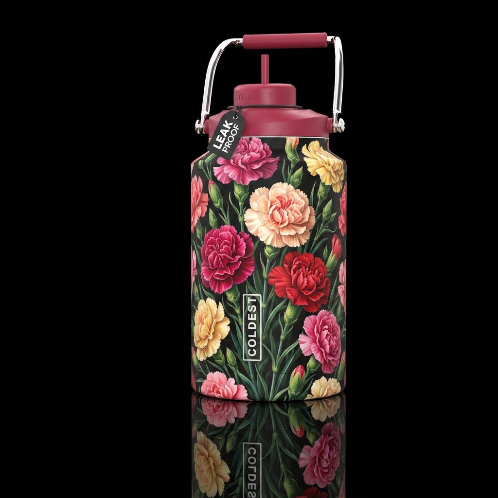 Carnation flowers, photorealistic, detailed, lifel... water bottle design