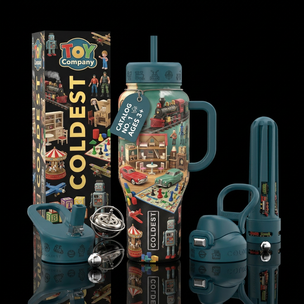 Toy Catalog, photorealistic, detailed, lifelike water bottle design