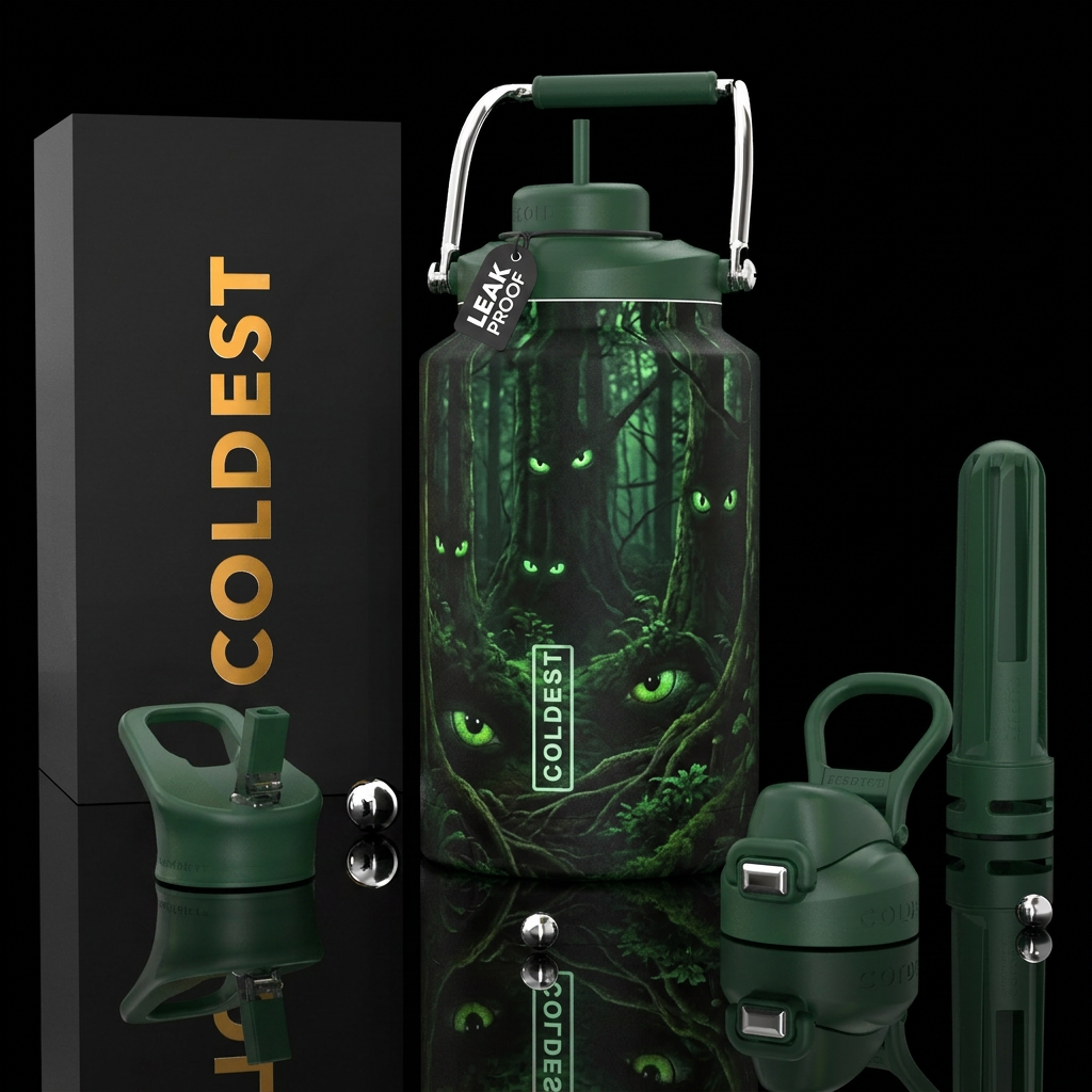 Glow in the dark green eyes in the forest, photore... water bottle design