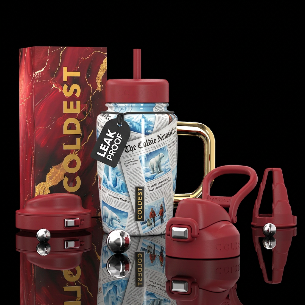 The Coldie Newsletter, photorealistic, detailed, l... water bottle design