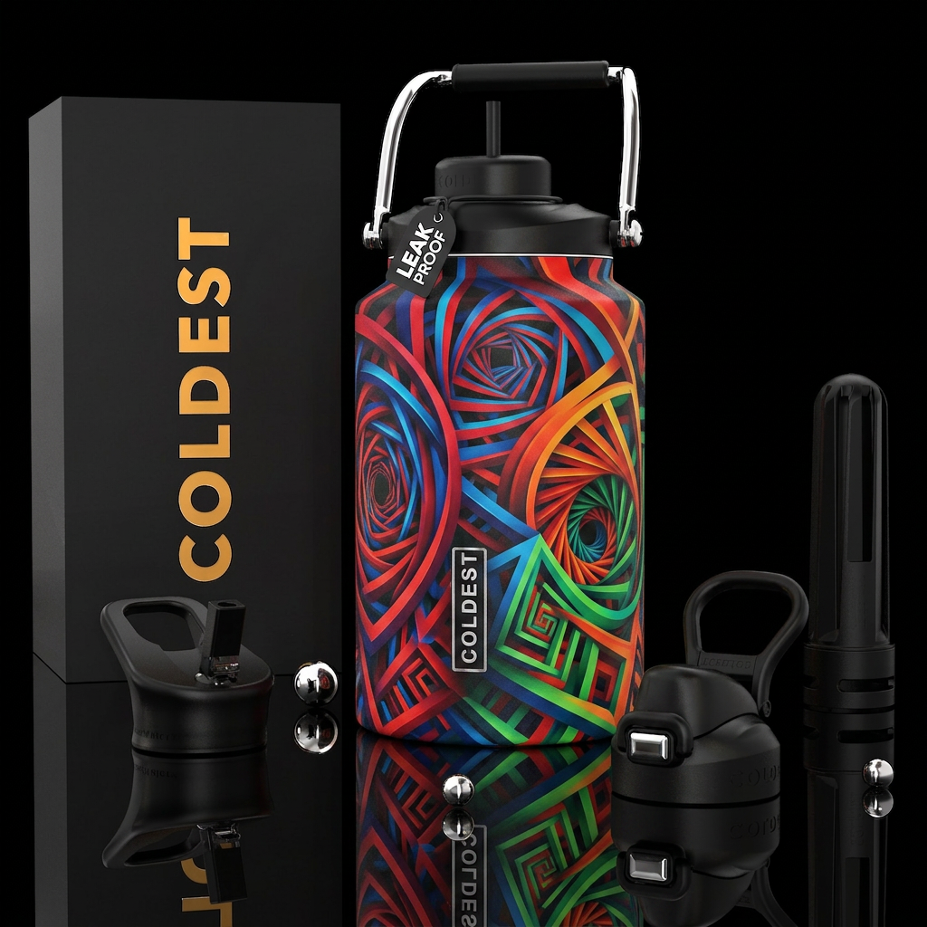 Optical illusion, photorealistic, detailed, lifeli... water bottle design