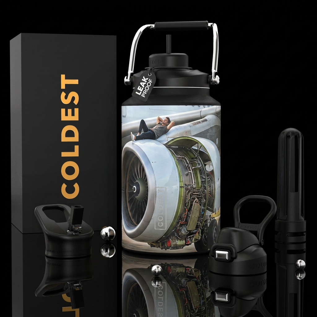 Relaxing on an airplane engine, photorealistic, de... water bottle design