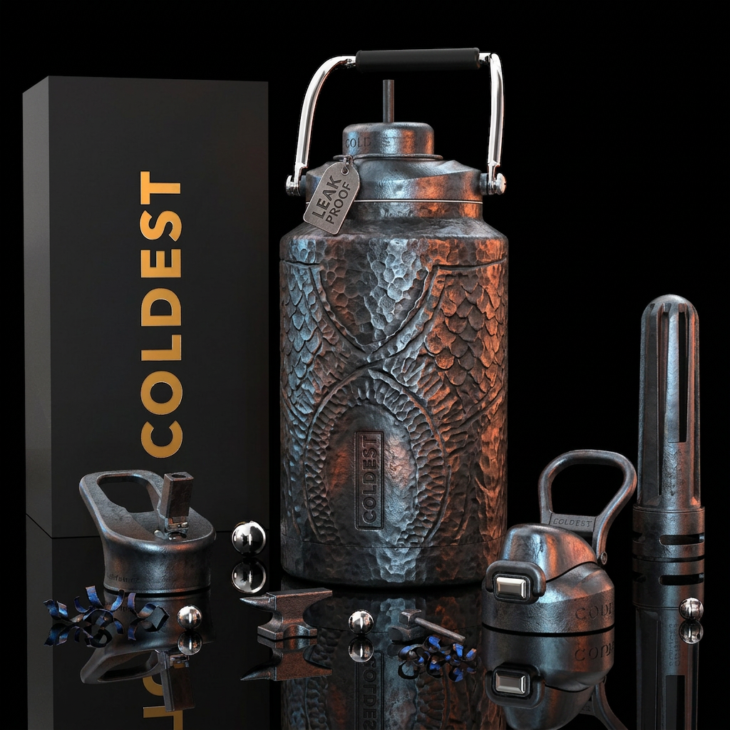 Blacksmith, photorealistic, detailed, lifelike water bottle design