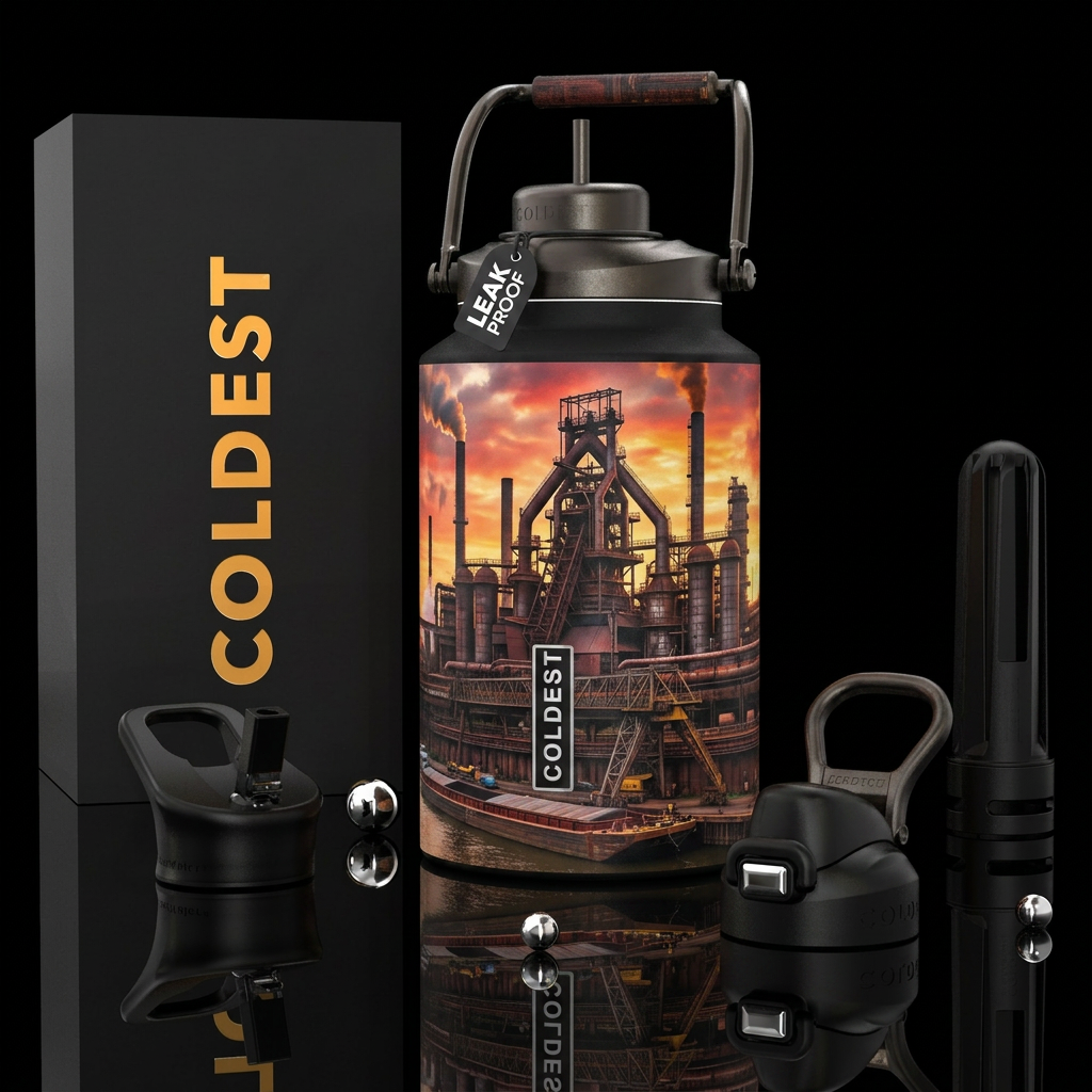 Steel Mills Pittsburgh, PA, photorealistic, detail... water bottle design