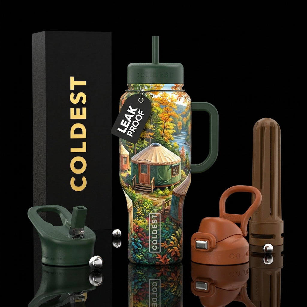 Yurts at Ohiopyle State Park, photorealistic, deta... water bottle design