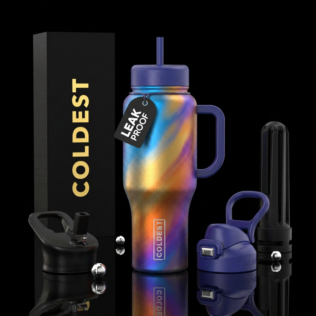 Blue, gold, orange, purple water bottle design
