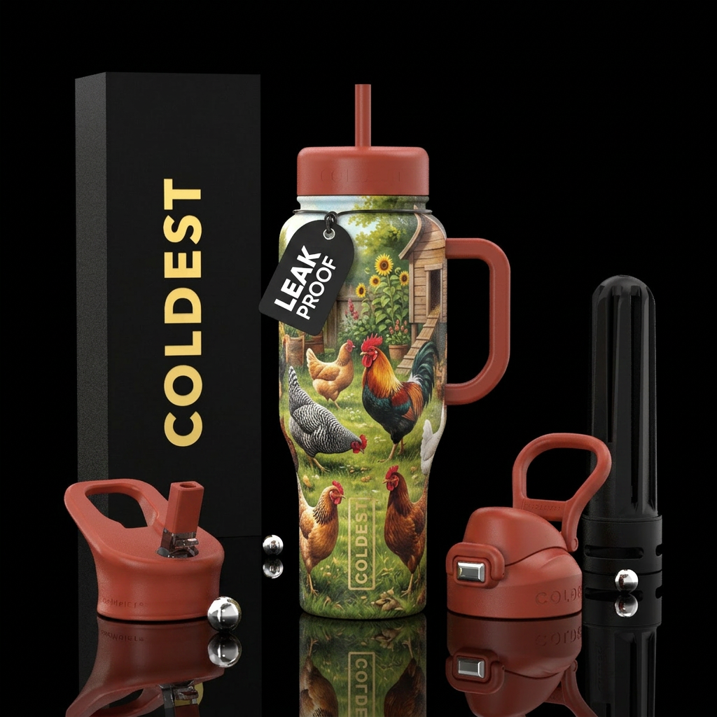 Chickens Roaming outside, photorealistic, detailed... water bottle design