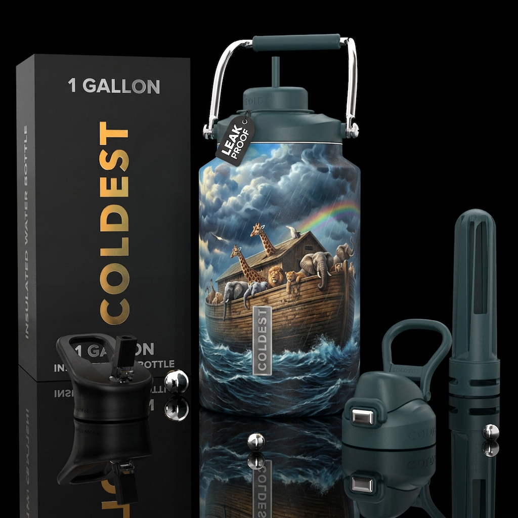 Noah’s Flood, photorealistic, detailed, lifelike water bottle design
