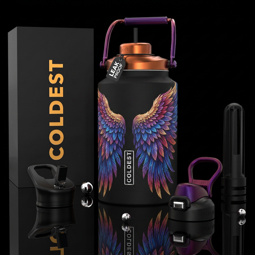 Angel Wings, photorealistic, detailed, lifelike water bottle design
