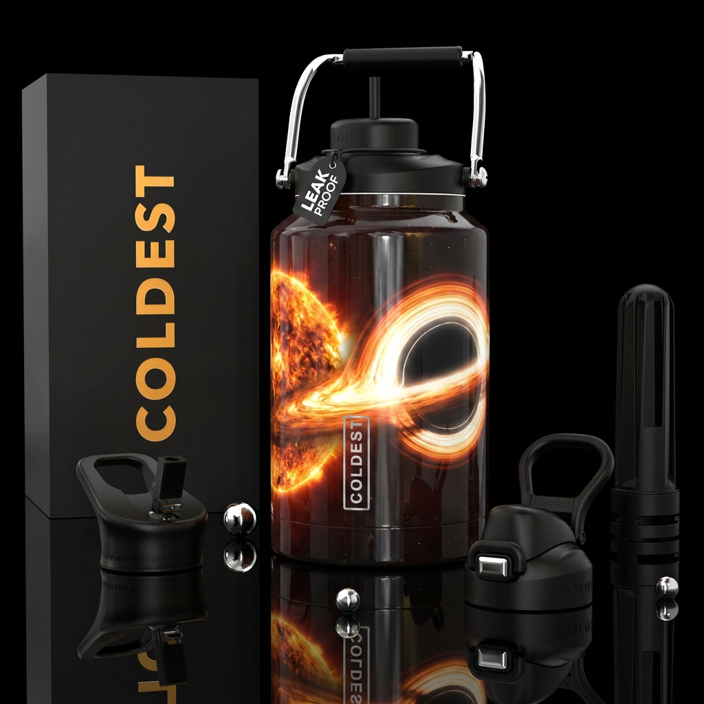 A star getting sucked into a black hole, photoreal... water bottle design