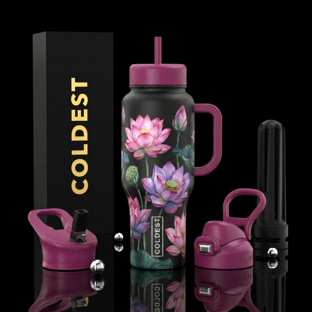 lotus, photorealistic, detailed, lifelike water bottle design