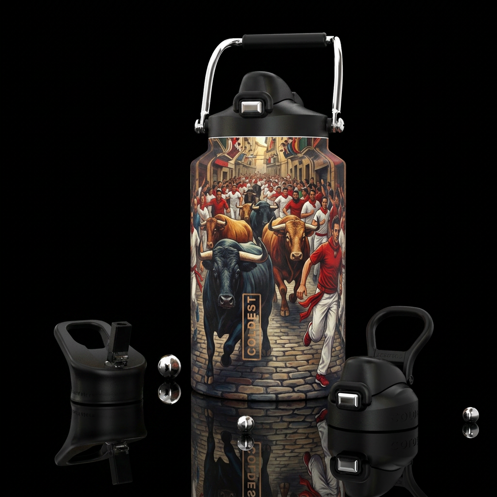 Running of the Bulls, photorealistic, detailed, li... water bottle design