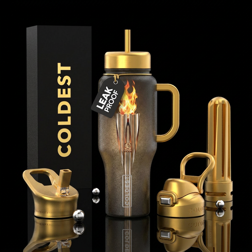 The Olympic Tourch, photorealistic, detailed, life... water bottle design