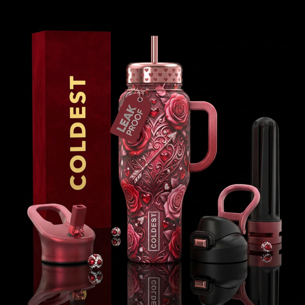 Valentines Day, photorealistic, detailed, lifelike water bottle design
