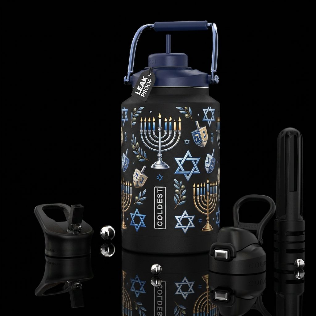 Hanukkah, photorealistic, detailed, lifelike water bottle design