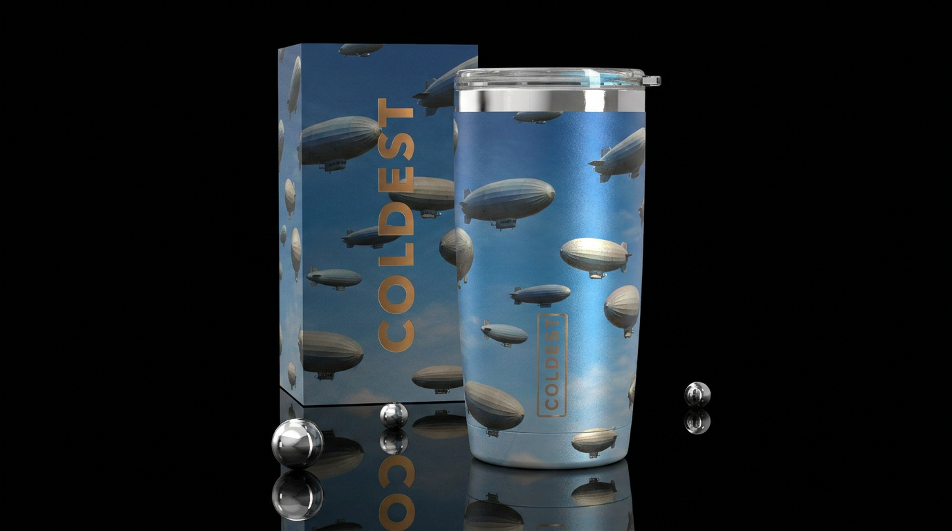 A blimp in the sky, photorealistic, detailed, life... water bottle design