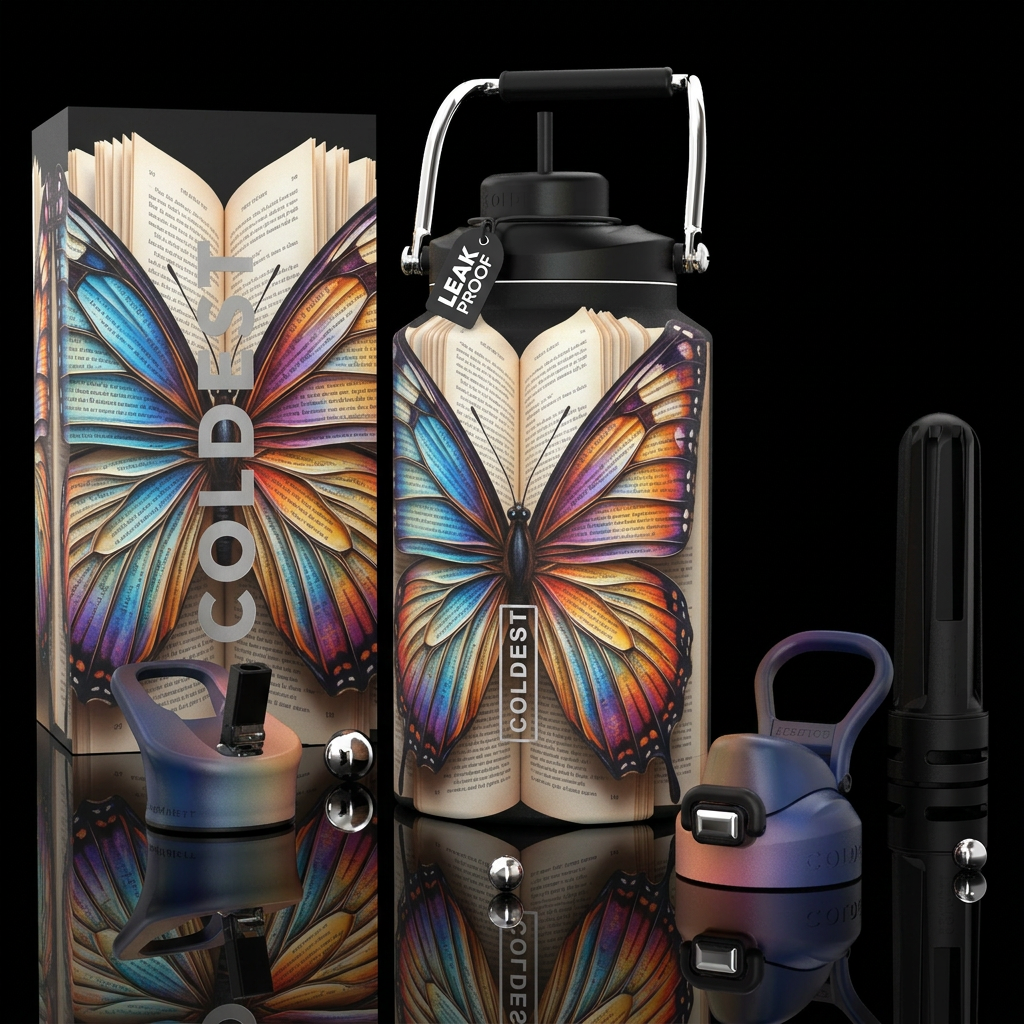 Butterfly wings open with pages like a book water bottle design