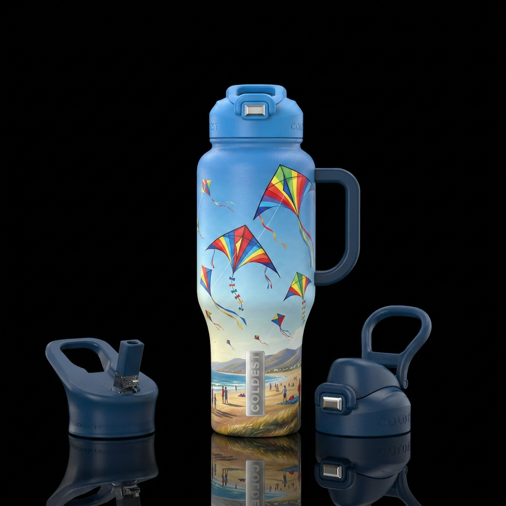 Kite flying, photorealistic, detailed, lifelike water bottle design