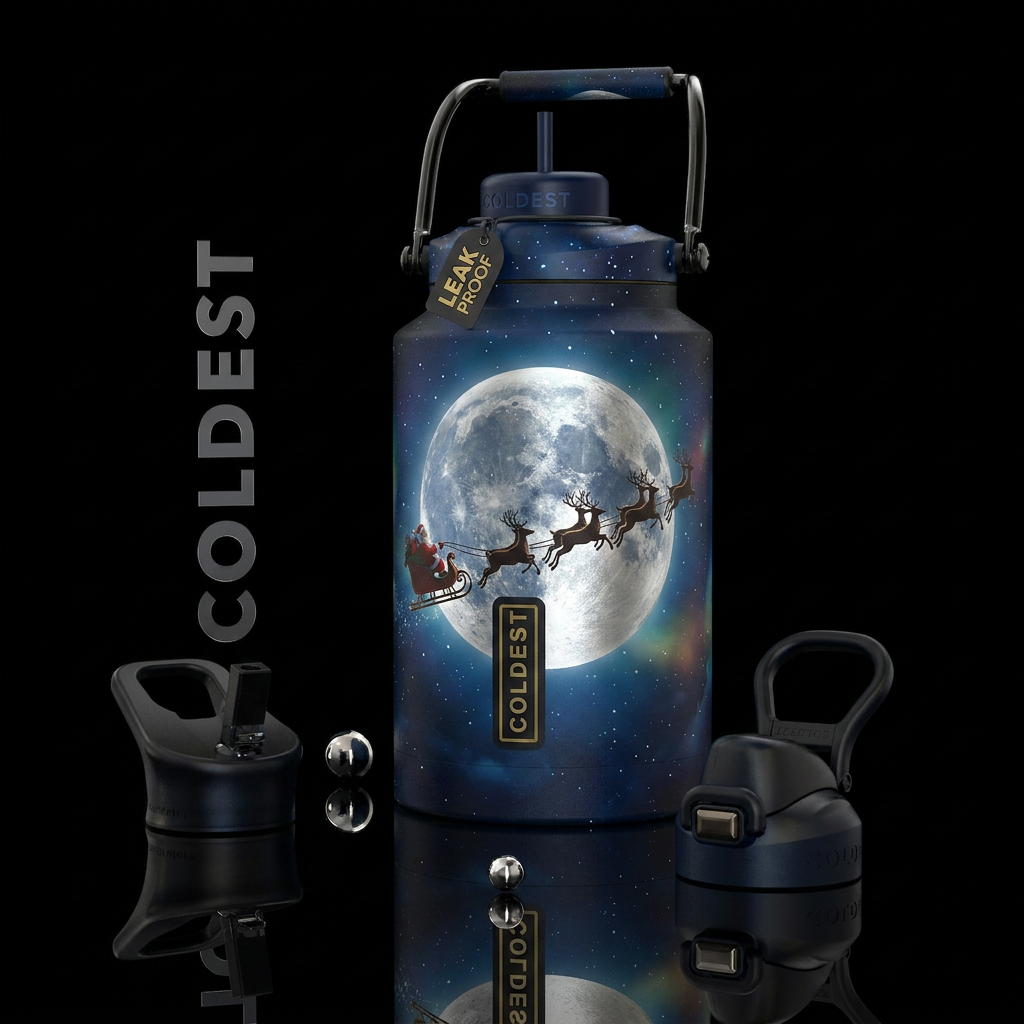 Santa Reindeer takes flight across the full moon n... water bottle design