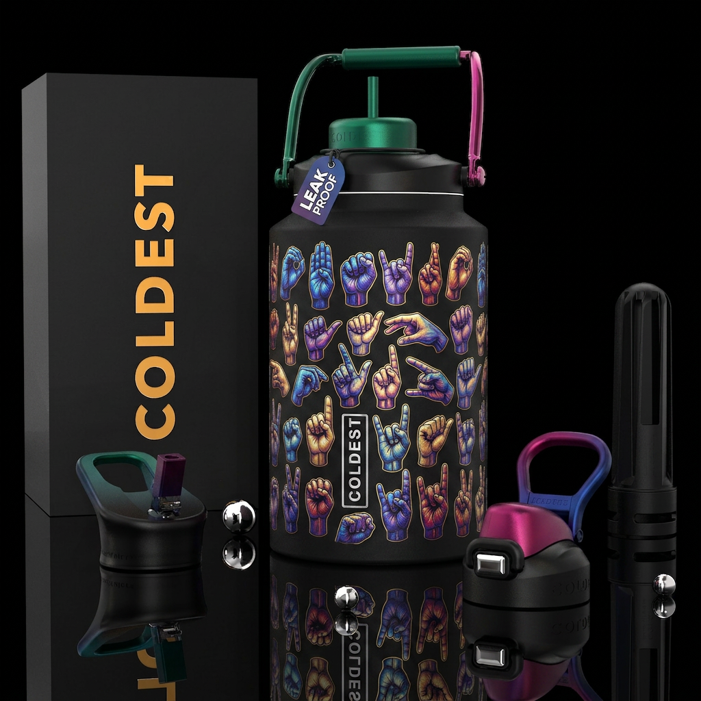 American Sign Language, photorealistic, detailed, ... water bottle design