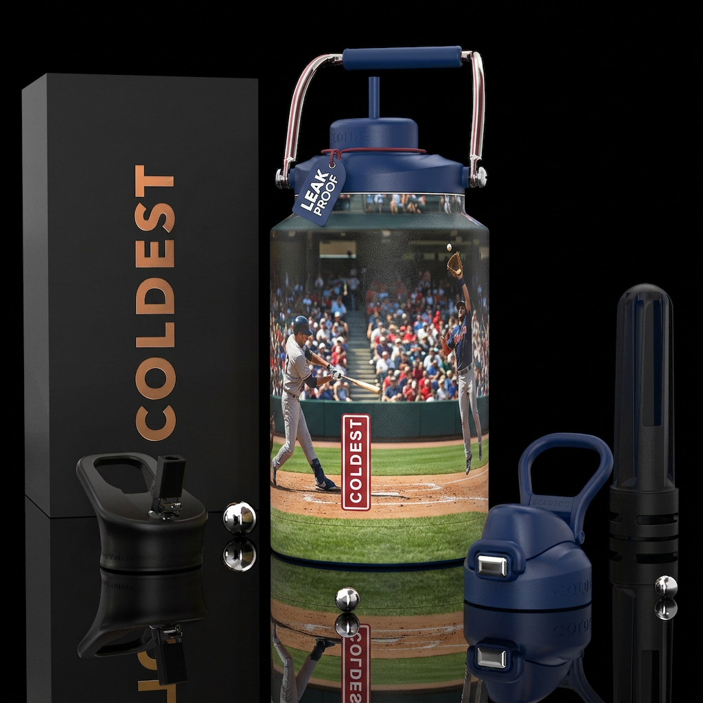Baseball game, photorealistic, detailed, lifelike water bottle design