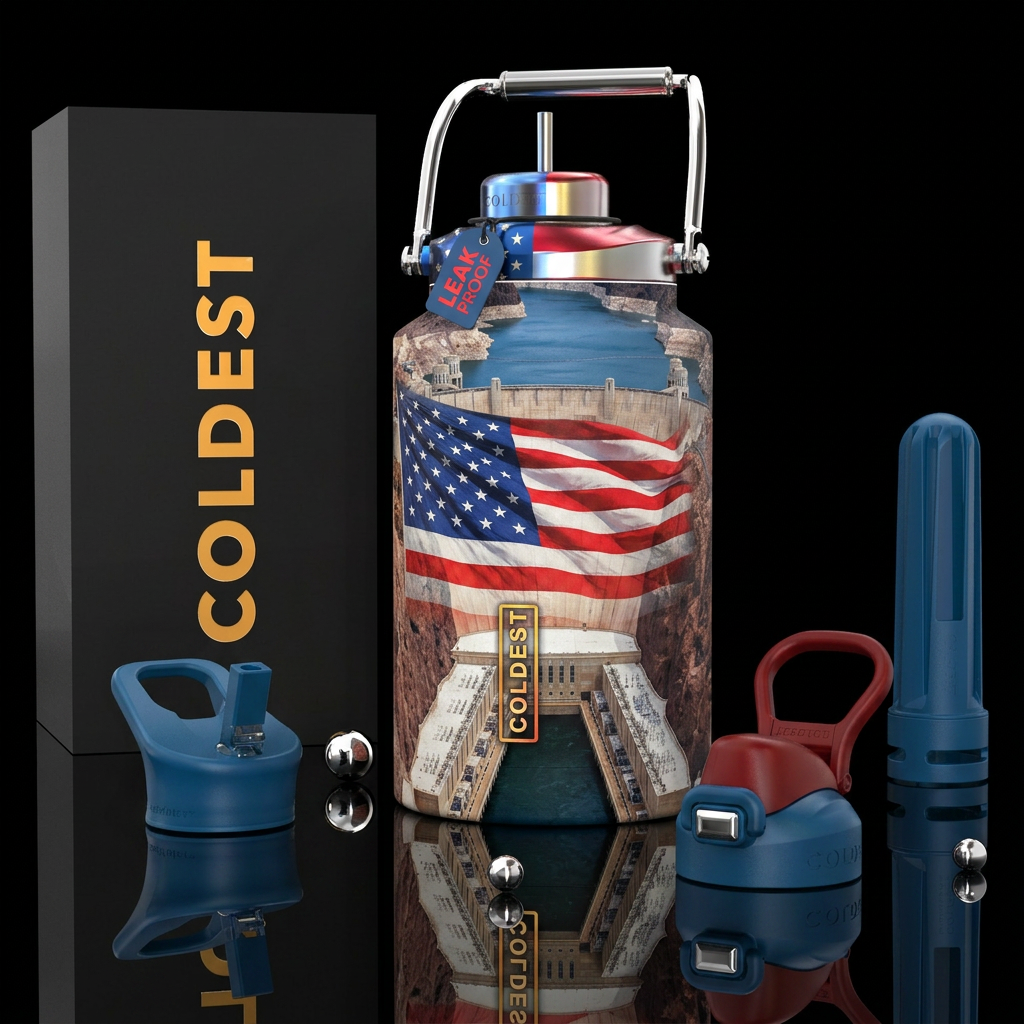 Hoover Dam Drape with the American Flag, photoreal... water bottle design