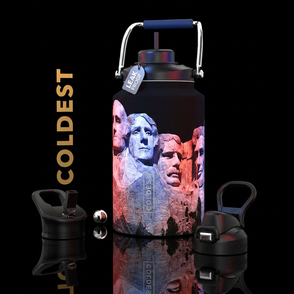 Mount Rushmore with Red, white and Blue lighting, ... water bottle design