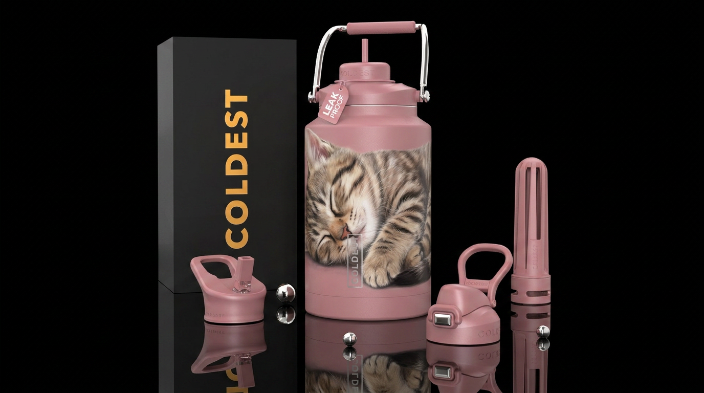 Sleepy kitty, photorealistic, detailed, lifelike water bottle design