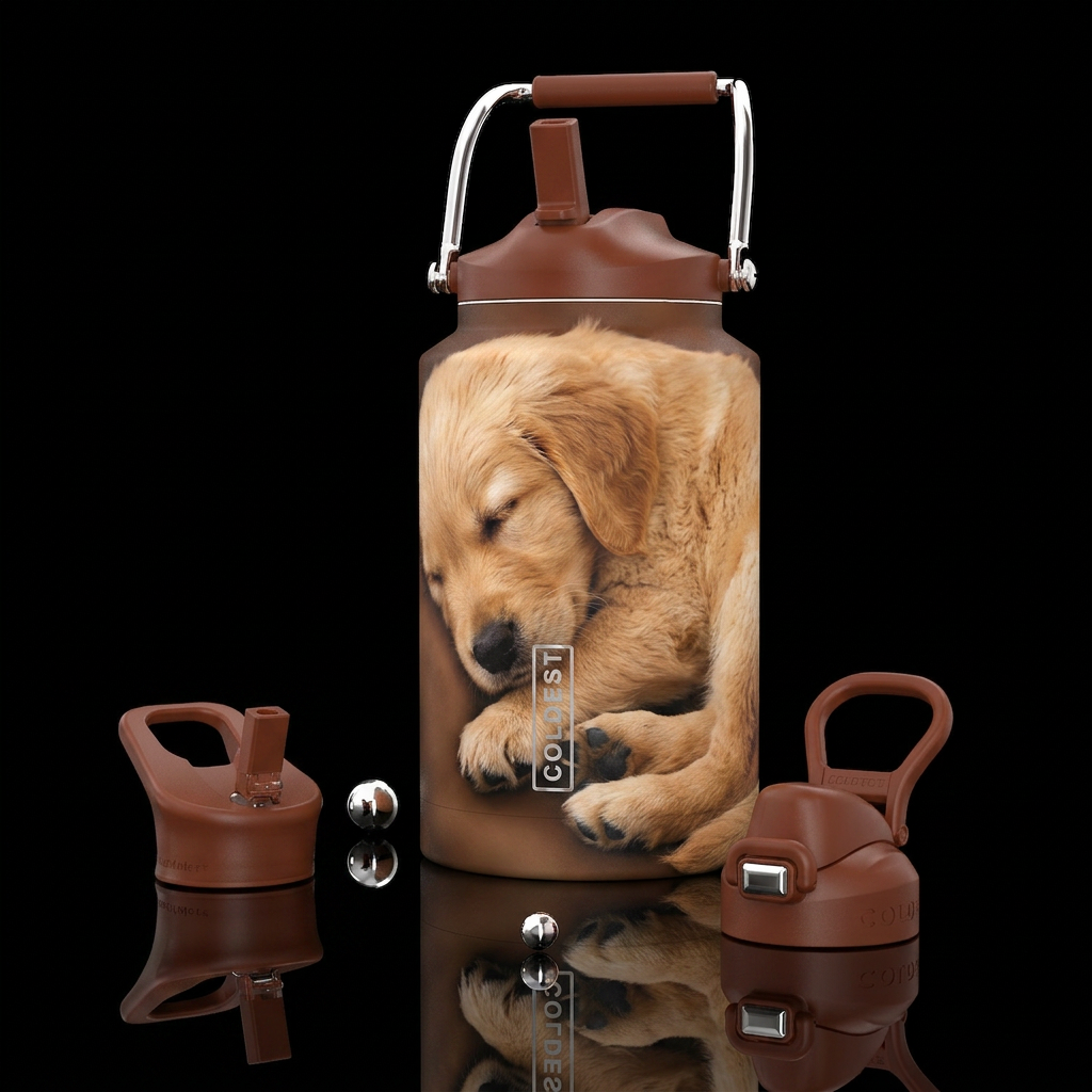 Sleepy puppy, photorealistic, detailed, lifelike water bottle design