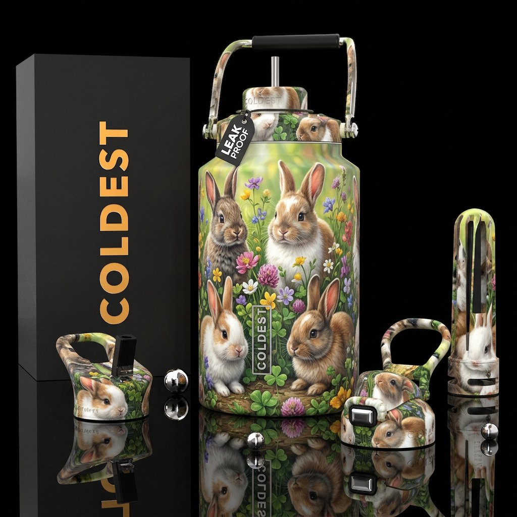 Baby bunnies, photorealistic, detailed, lifelike water bottle design