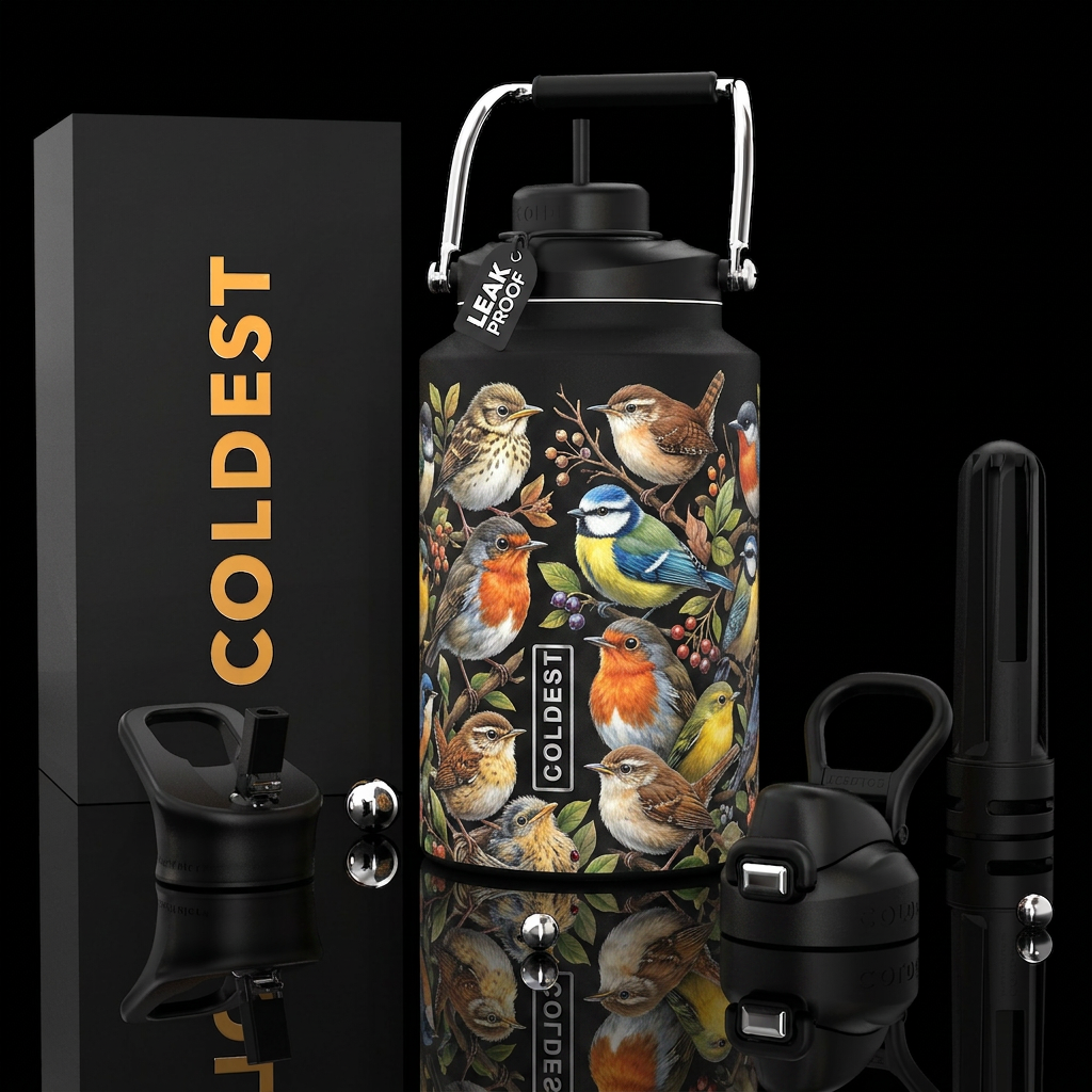 Baby birds, photorealistic, detailed, lifelike water bottle design