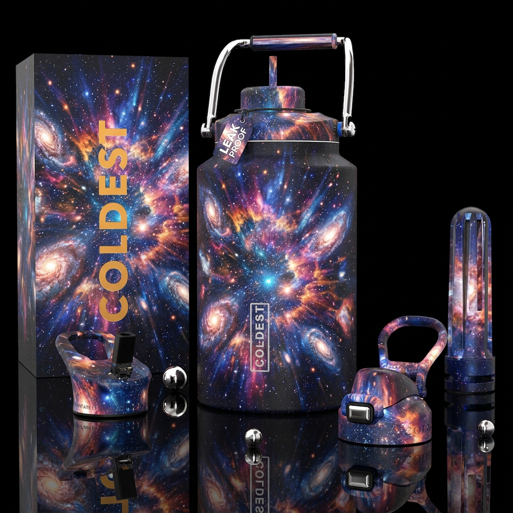The Big Bang, photorealistic, detailed, lifelike water bottle design
