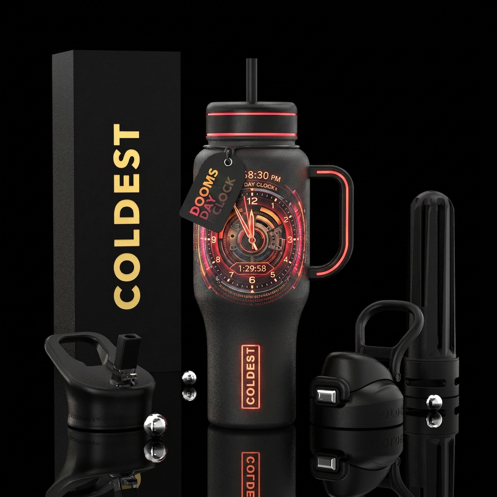 Dooms Day clock, photorealistic, detailed, lifelik... water bottle design