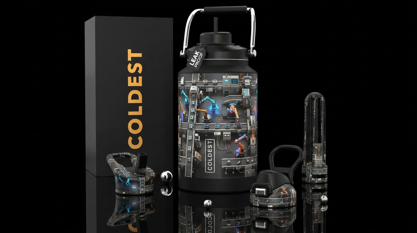 Assembly line, photorealistic, detailed, lifelike water bottle design