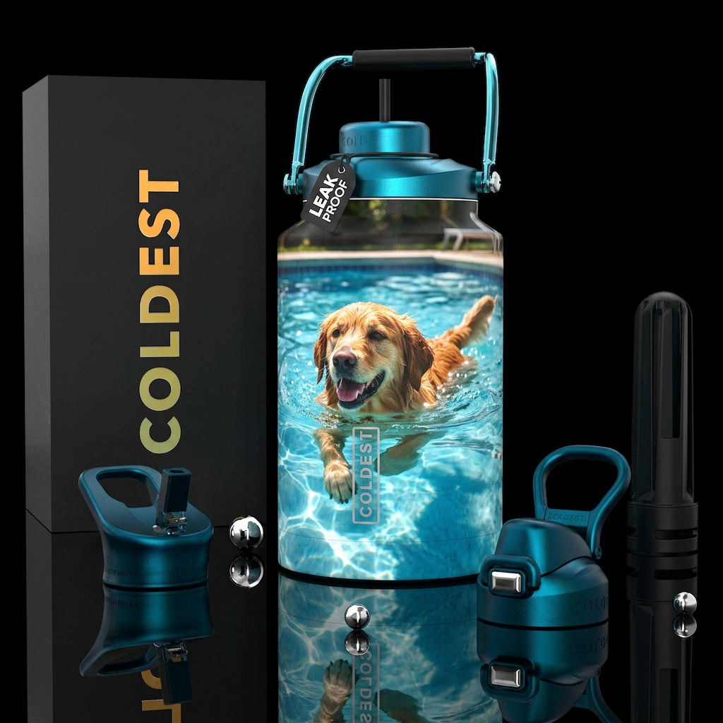 Dog in a swimming pool, photorealistic, detailed, ... water bottle design