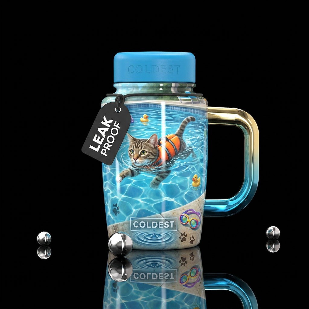 Cat in the pool, photorealistic, detailed, lifelik... water bottle design