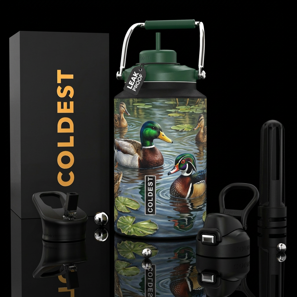 Ducks in the pond, photorealistic, detailed, lifel... water bottle design