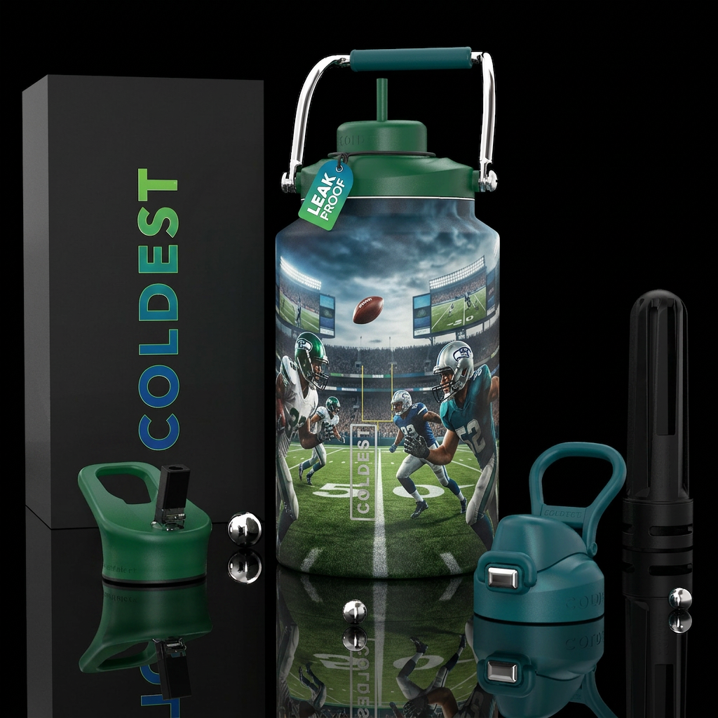 Football game, photorealistic, detailed, lifelike water bottle design